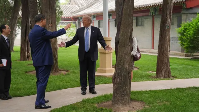 Trump Xi and their translators in a garden