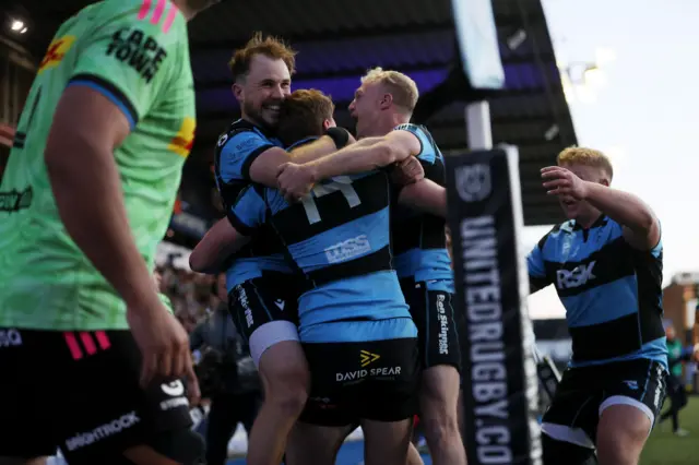Cardiff celebrate Jacob Beetham's second try against Stormers