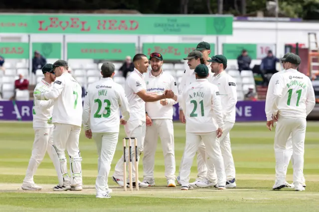 Leicestershire celebrate the dismissal of Tom Westley