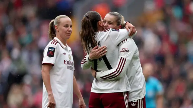 Alessia Russo of Arsenal celebrates scoring her team's third goal with teammate Victoria Pelova