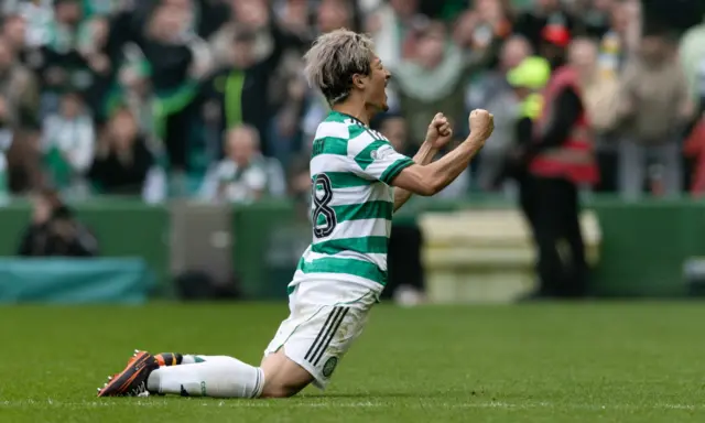 Daizen Maeda celebrates Celtic's second goal