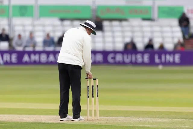 An umpire removes the bails at Chelmsford