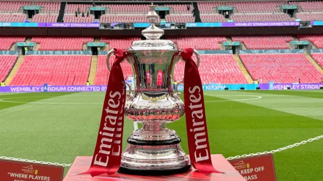FA Cup trophy on a red plinth