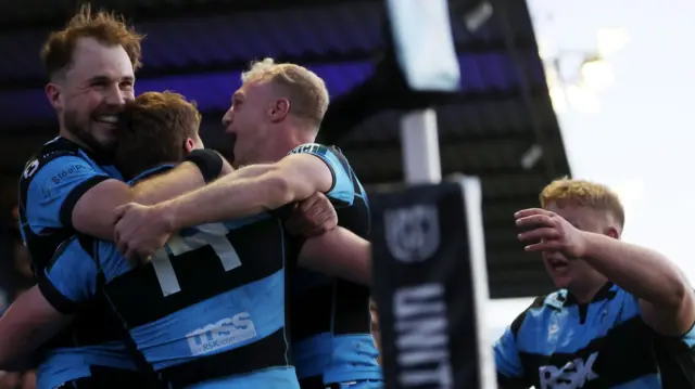 Cardiff celebrate Jacob Beetham's second try against Stormers