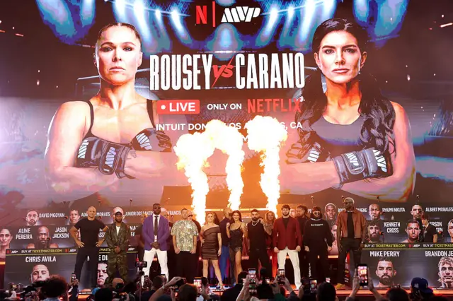 Screen showing Ronda Rousey and Gina Carano with Netflix branding