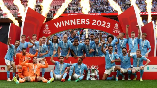 Manchester City's celebratory team photograph after winning the 2023 FA Cup final