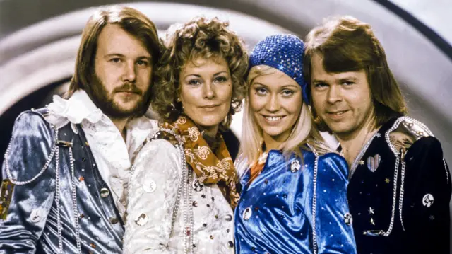The Swedish pop group Abba from left Benny Andersson, Anni-Frid Lyngstad, Agnetha Faltskog and Bjorn Ulvaeus posing after winning the Swedish branch of the Eurovision Song Contest with their song Waterloo