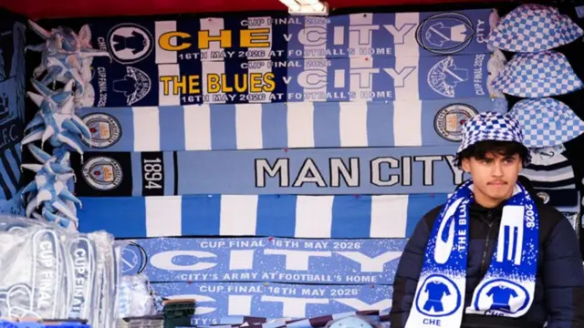 Manchester City and Chelsea scarves for sale ahead of the FA Cup final at Wembley Stadium