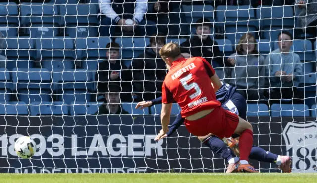 Dudnee's Drey Wright scores to make it 1-0 during a William Hill Premiership match between Dundee and Aberdeen at the ScotFoam Stadium at Dens Park, on May 17, 2026, in Dundee, Scotland.