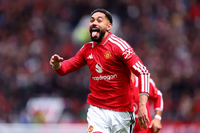 Matheus Cunha of Manchester United celebrates scoring his team's second goal during the Premier League match between Manchester United and Nottingham Forest
