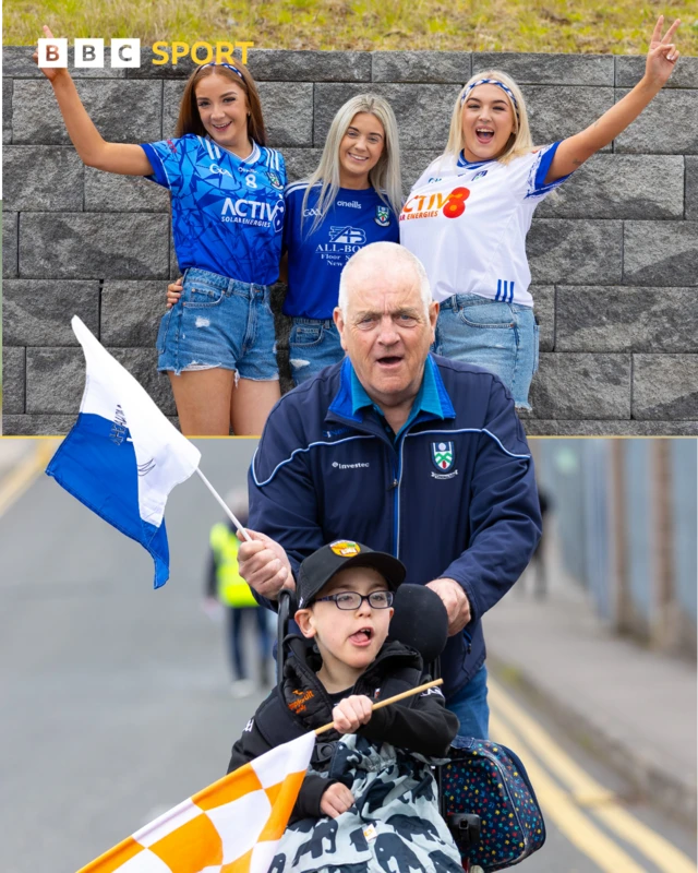 Top - Monaghan fans Clara Crudden with Amber Sherry and Katie Pusey. Bottom - Monaghan fan Stephen McCleary pictured with his grandson and Armagh fan Oisin Traynor