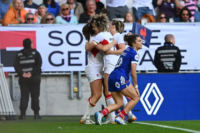 England celebrating Cokayne's try