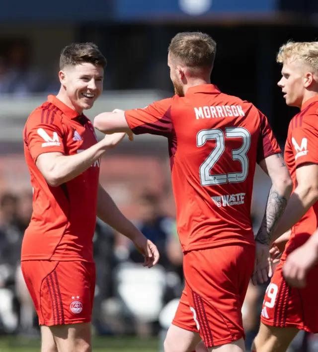 Aberdeen's Liam Morrison celebrates with Kevin Nisbet after scoring to make it 1-1 during a William Hill Premiership match between Dundee and Aberdeen at the ScotFoam Stadium at Dens Park