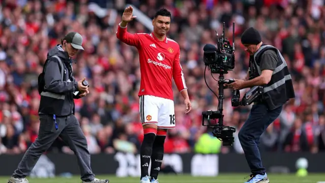 Casemiro waves to the crowd in his last game for Manchester United