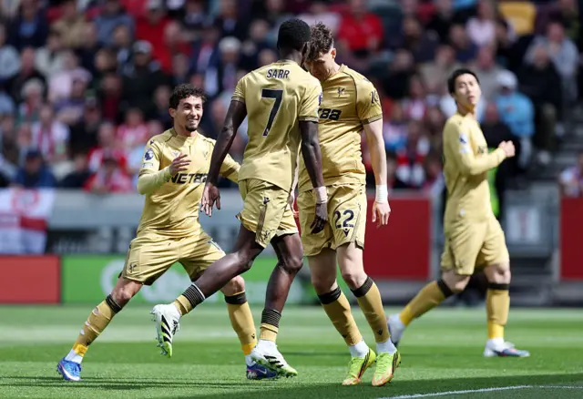 Ismaila Sarr of Crystal Palace celebrates scoring his team's first goal with teammate Jorgen Strand Larsen during the Premier League match between Brentford and Crystal Palace