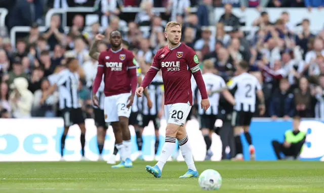 Dejection for West Ham United's Jarrod Bowen after his side had conceded the first goal of the match during the Premier League match between Newcastle United and West Ham United