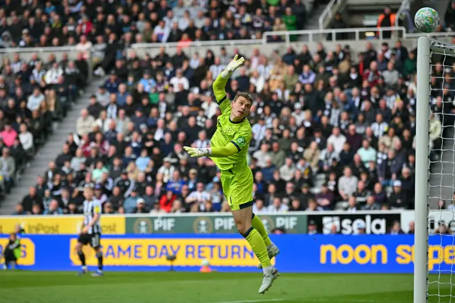 Mads Hermansen watches a shot go over the crossbar during the English Premier League football match between Newcastle United and West Ham United at St James' Park