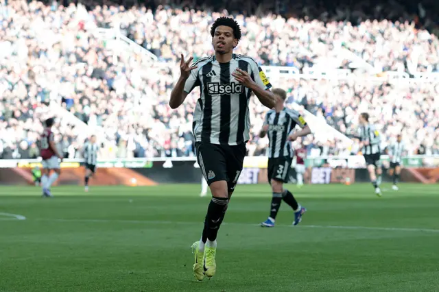 William Osula of Newcastle United celebrates scoring his team's second goal during the Premier League match between Newcastle United and West Ham United at St James' Park