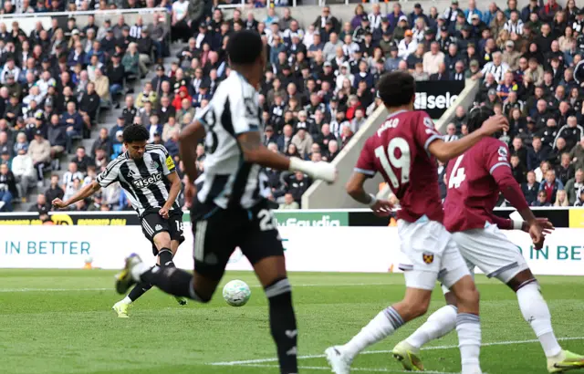 William Osula of Newcastle United scores his team's third goal during the Premier League match between Newcastle United and West Ham United at St James' Park