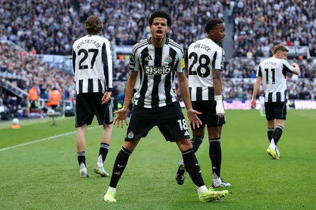 William Osula of Newcastle United celebrates scoring his team's third goal during the Premier League match between Newcastle United and West Ham United
