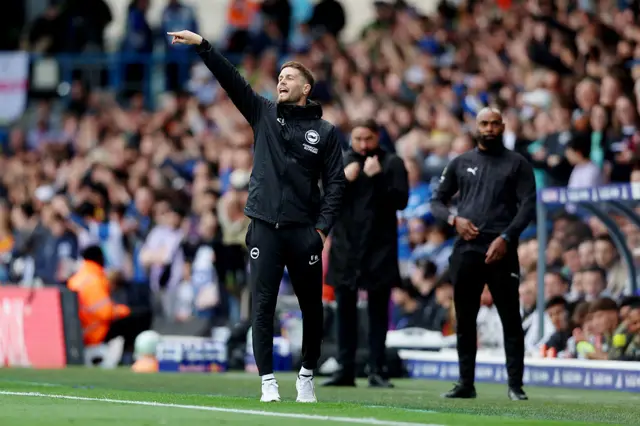 Fabian Huerzeler, Manager of Brighton & Hove Albion, gives the team instructions during the Premier League match between Leeds United and Brighton & Hove Albion