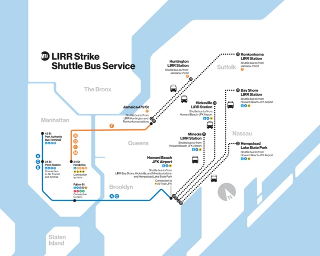 a map showing shuttle bus services from Long Island into Manhattan during a rail strike