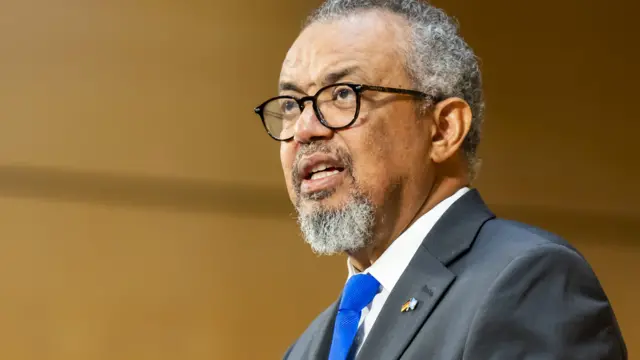 Director General of the World Health Organization (WHO) Tedros Adhanom Ghebreyesus addresses his statement during the opening of the 79th World Health Assembly (WHA79) at the European headquarters of the United Nations in Geneva, Switzerland, 18 May 2026