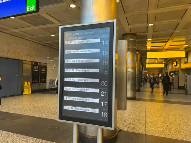 A sign showing no trains departing New York's Penn Station