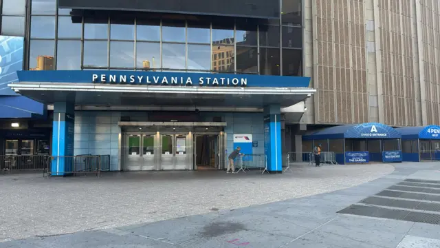 The entrance to Penn Station in New York with almost no people around