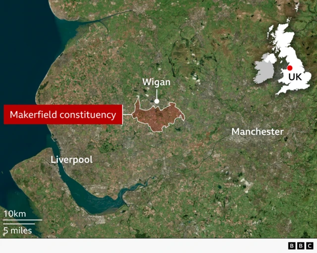 Map showing location of Makerfield constituency, just south of Wigan in Greater Manchester