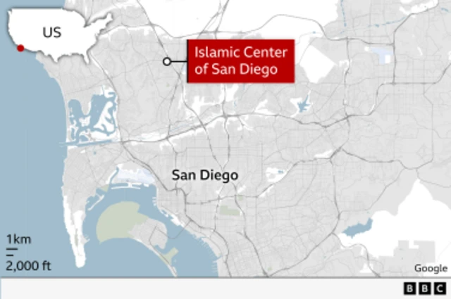 A map showing the location of the Islamic Center of San Diego