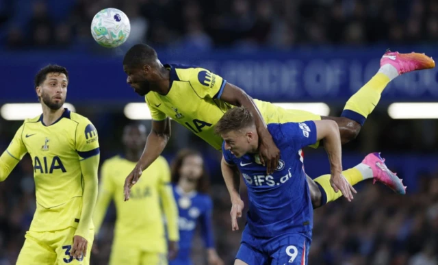 Tottenham Hotspur's Kevin Danso in action with Chelsea's Liam Delap