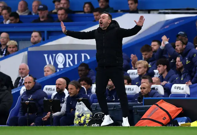 Roberto De Zerbi, Manager of Tottenham Hotspur, reacts