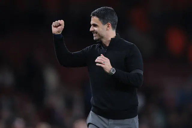 Mikel Arteta, head coach of Arsenal, celebrates