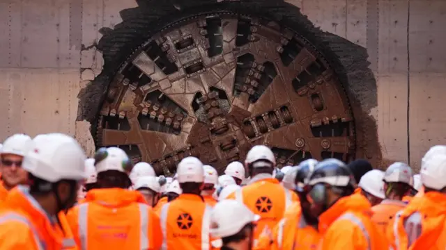 HS2 workers observing a boring machine on the HS2 project near Birmingham