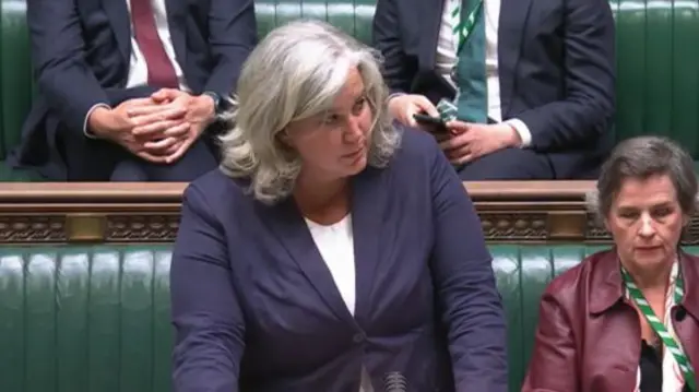 Heidi Alexander in dark blue blazer looking to her left as she delivers a statement in the Commons. A colleague in red leather jacket sits on the green leather benches of the Commons whilst listening to the minister