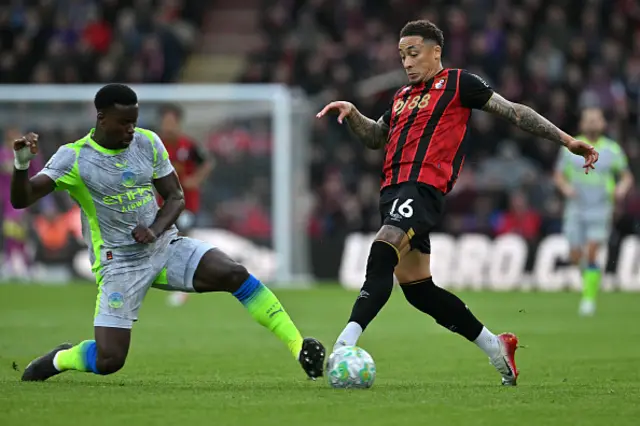 Marc Guehi tackles Bournemouth's English midfielder Marcus Tavernier