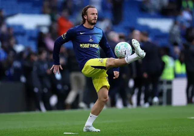 James Maddison of Tottenham Hotspur controls the ball