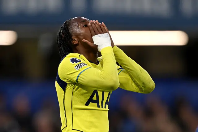 Mathys Tel of Tottenham Hotspur reacts