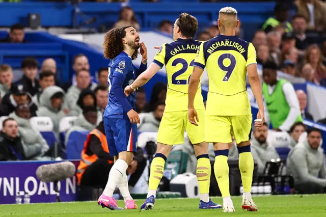 Marc Cucurella of Chelsea argues with Conor Gallagher