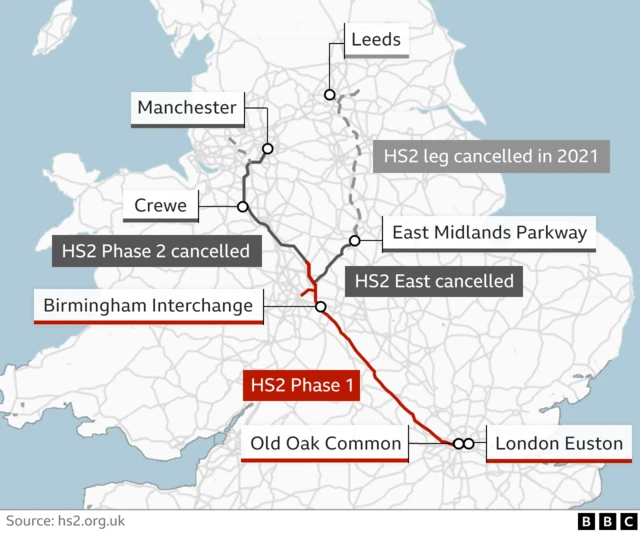 Map showing the original proposed HS2 route