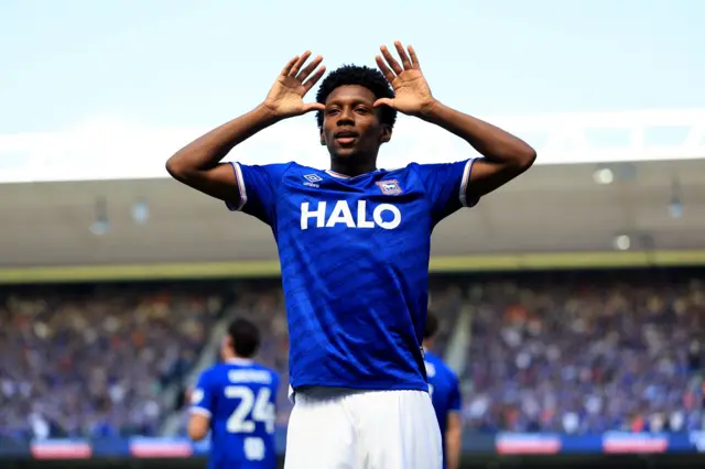 Jaden Philogene celebrates putting Ipswich 2-0 up against QPR