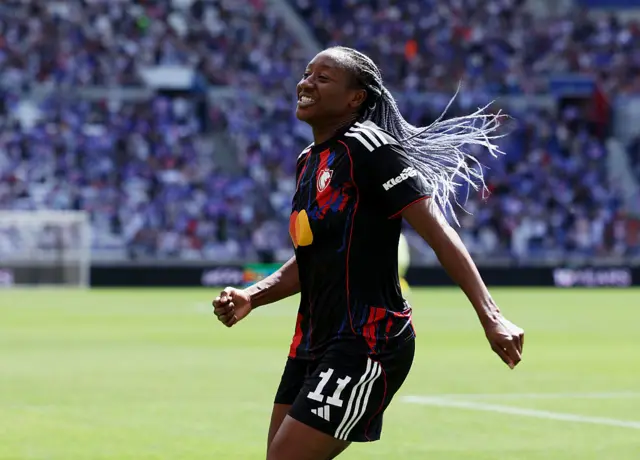 Kadidiatou Diani of OL Lyonnes celebrates scoring her team's second goal during the UEFA Women's Champions League 2025/26 Semi-Final Second Leg match between OL Lyonnes and Arsenal FC at OL Stadium.