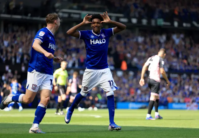 Ipswich Town's Jaden Philogene (right) celebrates with Jack Taylor after scoring his side's second goal against QPR