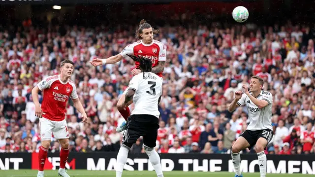 Riccardo Calafiori of Arsenal scores a goal which was later ruled out for offside