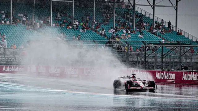 ack Hadjar driving through the rain during the Formula 1 Miami Grand Prix 2025