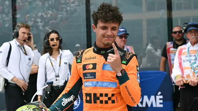 Lando Norris celebrating after winning the sprint race in Miami