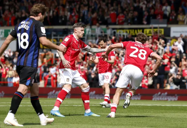 Sam Smith celebrates giving Wrexham the lead against Middlesbrough