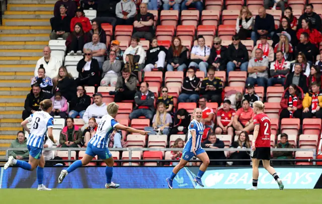 Jelena Cankovic of Brighton & Hove Albion celebrates scoring her team's first goal during the Barclays Women's Super League match between Manchester United and Brighton & Hove Albion at Progress with Unity Stadium on May 02, 2026.