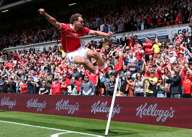 Sam Smith celebrates giving Wrexham the lead against Middlesbrough